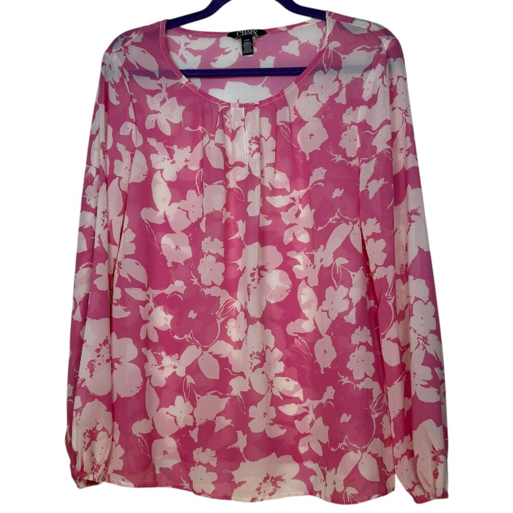 Chaps Womens Pink White Floral Chiffon Blouse Long Sleeve Pleated Top Large